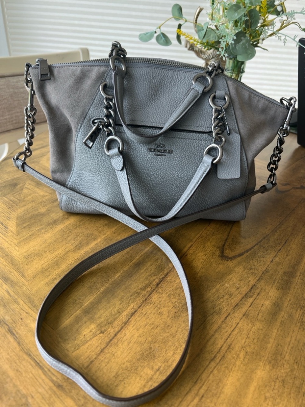 Coach -Gray Pebbled Leather Satchel with Suede and Chain Detail - Picture 4 of 17